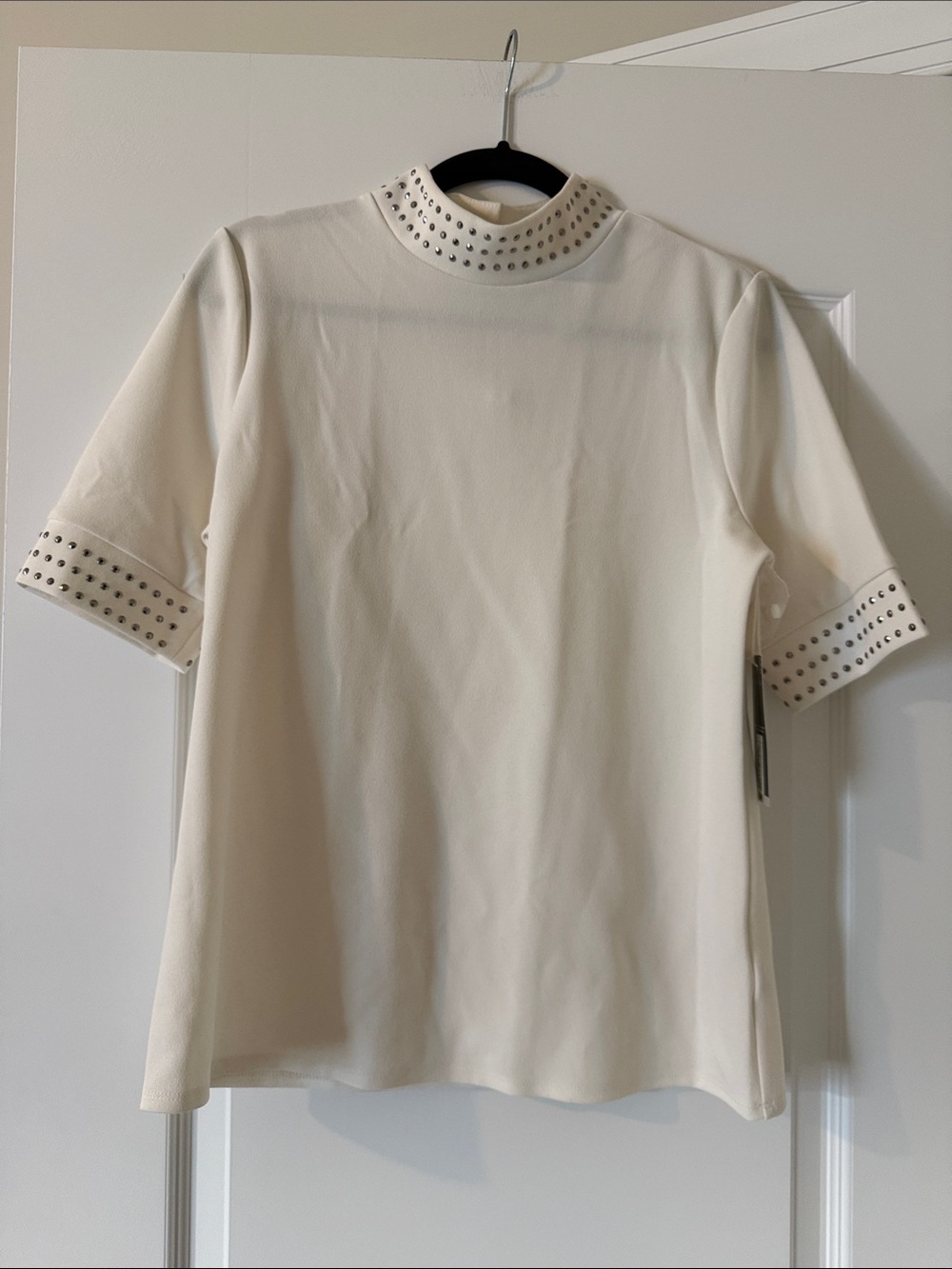 Worthington Cream Short Sleeve Mock Neck Top with Stud Accents
